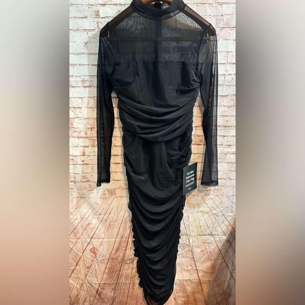Lulus Impressive Flirt Black Mesh Ruched Mock Neck Midi Dress Black Size Large - Picture 2 of 4